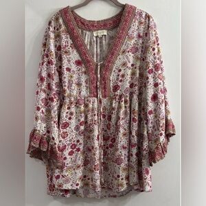 Cynthia Rowley Pink and Gold Floral Peasant Top